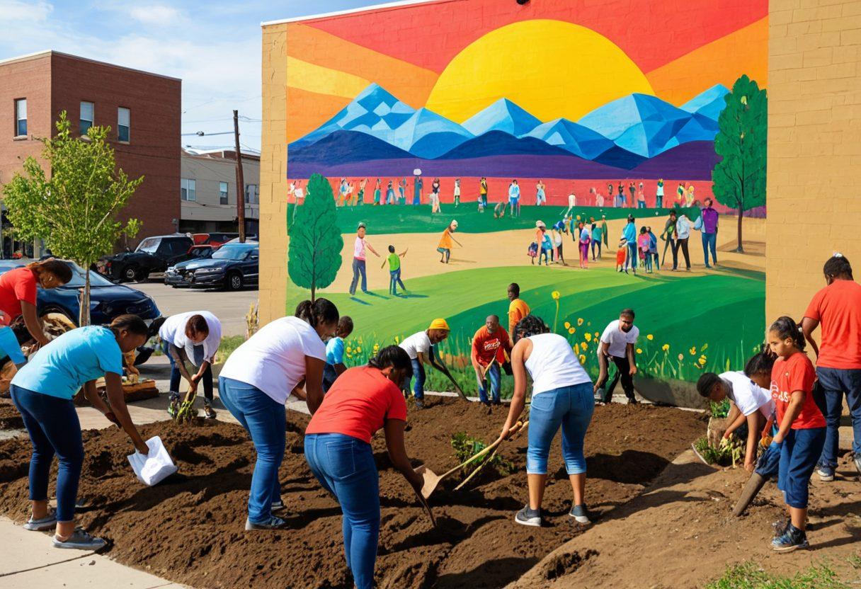 A vibrant community scene depicting diverse individuals of all ages engaging in various volunteer activities, such as planting trees, tutoring children, and organizing a food drive. In the background, a colorful mural symbolizes hope and unity. The image conveys energy and collaboration, showcasing smiles and teamwork. The sun is setting, casting a warm glow over the scene. super-realistic. vibrant colors.