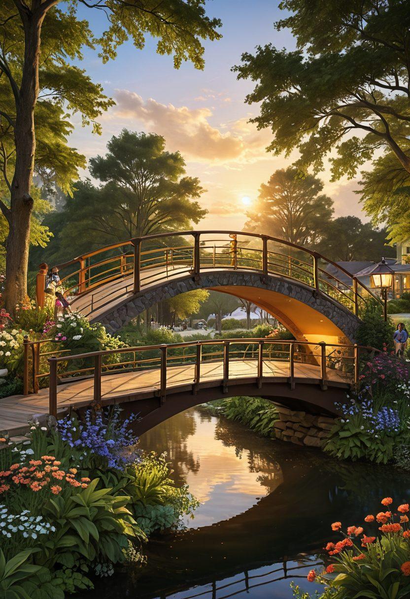 A vibrant community gathering around a beautifully constructed bridge, symbolizing connection and support. Diverse individuals are engaged in heartfelt activities like sharing stories, volunteering, and exchanging gifts. Lush greenery and blooming flowers surround the scene, emphasizing a warm, inviting atmosphere. The sun is setting, casting a golden glow over the bridge, representing hope and unity. super-realistic. vibrant colors. warm atmosphere.